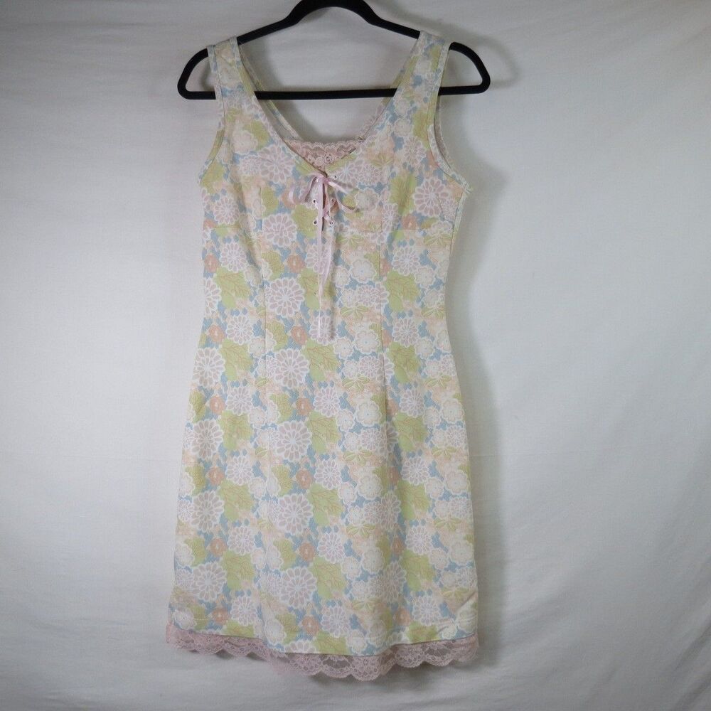 VTG Womens Floral Lace Whimsical Coquette Preppy Clueless Sheath Y2K Dress Sz L